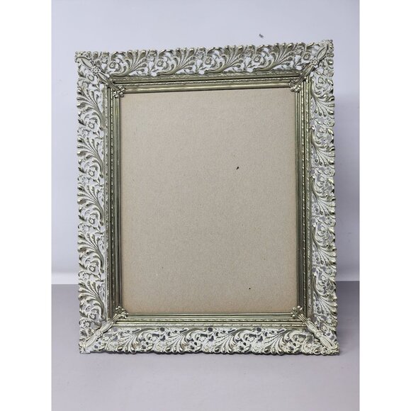 Vintage Large Table Top Filigree Picture Frame White Brushed Gold Stand Up Frame - Picture 1 of 5